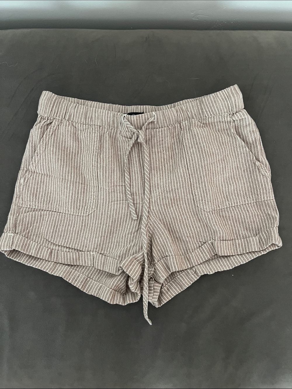 Volcom Taupe & White Striped High Waist Drawstring Shorts